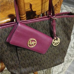 Michael Kors Burgundy and Brown Tote Bag
